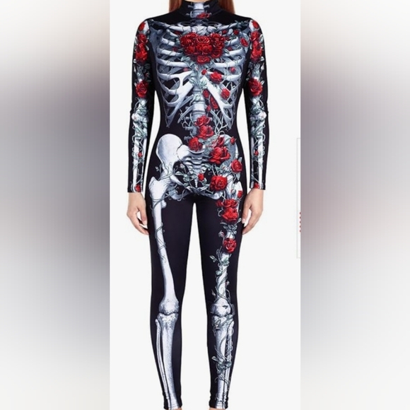 Womens Halloween Costume Skeleton Jumpsuit Bodysuit Costume Size L - Picture 4 of 4